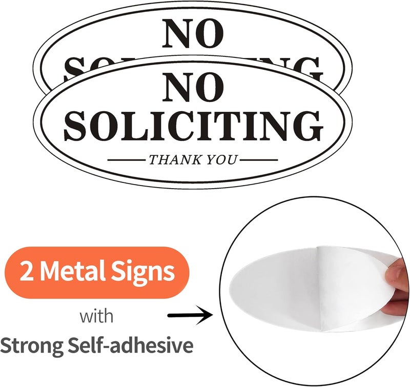 MongFun No Soliciting Sign for House Door, Self-adhesive 7" x 3" Metal Signs for Office Wall, Durable UV and Easy Mounting, Oval Design with Black White Colors (2 Pack WHITE) - Image 2